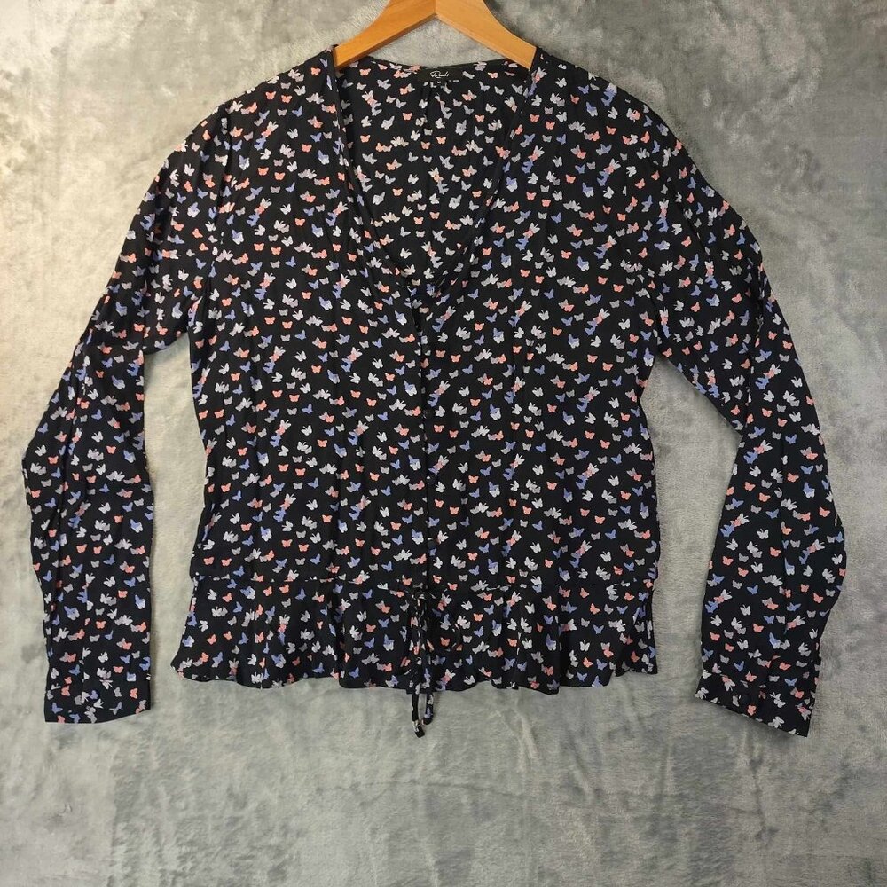 Rails Womens M Black Butterfly Print Ruffle Blouse Fairycore Art To Wear